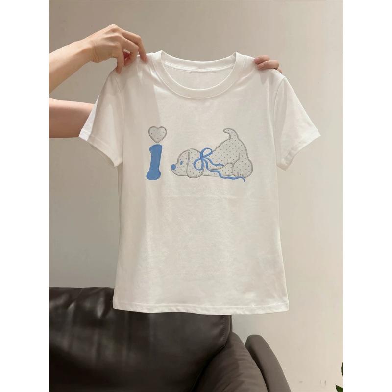 White Puppy Embroidered Short Sleeve T-Shirt Women's Summer Small Sweet Girl Loose Crew Neck Front Shoulder Cute Versatile Top