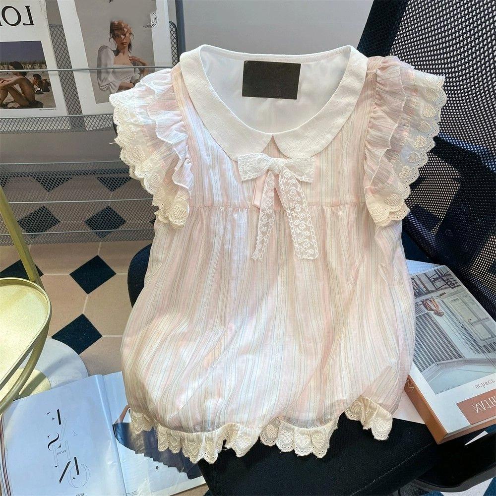 French Sweet Lace Bow Short-sleeved Blouse Summer Loose Striped Japanese-style Top