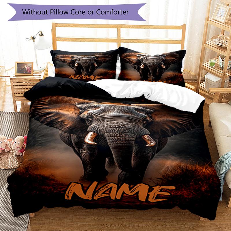 3pcs Custom Name Elephant Bedding Set Duvet Cover Closure Includes 1 Duvet Cover & 2 Pillowcases, Soft and Comfortable for All Seasons.