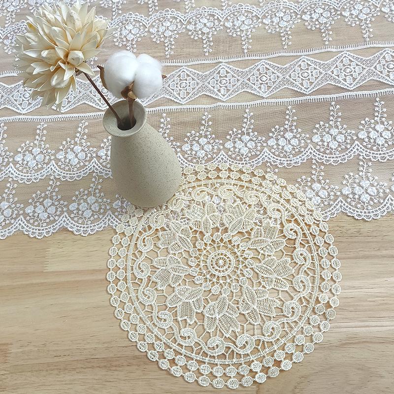 Beige lace embroidery cut-out tablecloth mat round water-soluble embroidery decorative coaster shooting props simple retro style
