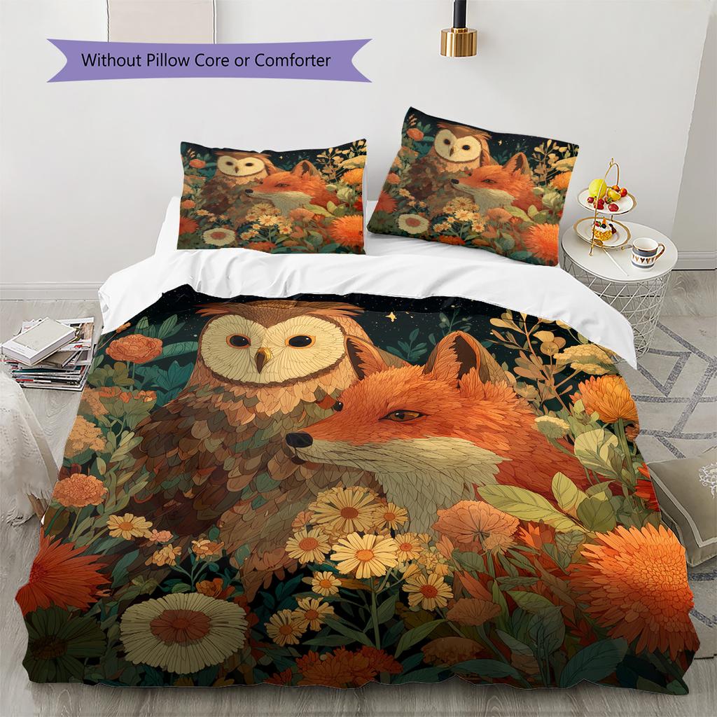 Owl and Fox Pattern Bedding Quilt Set Quilt Cover Pillowcase Home Decoration Gift (1 * Duvet Cover + 2 * Pillowcase, Without Core)