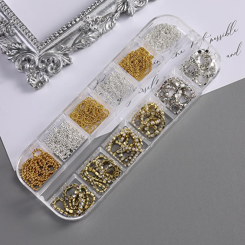 1Box Metal Nail Art Charms Chains Multi-Shape Golden Silvery Rose Gold Black DIY Manicure Accessories