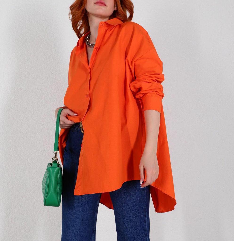 European and American Women's Solid Color Long-Sleeve Back Slit Loose Shirt - Autumn 2023 Fashion.