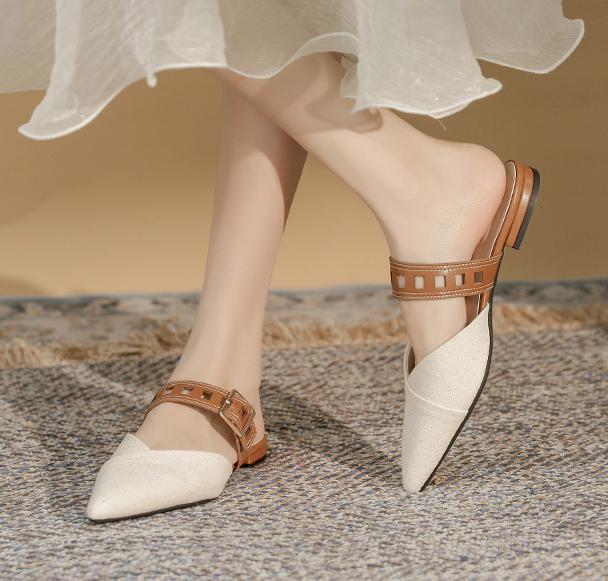 

Модные тапочки с ремешком и вырезом, женские сандалии на низком каблуке, шлепанцы, женские тапочки, вьетнамки, мюли с острым носком 34 бежевый