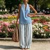 Women Cotton Linen 2 Piece Sets Sleeveless Halter V Neck Top And Striped Wide Leg Pants Sets Summer Vacation Lounge Outfits
