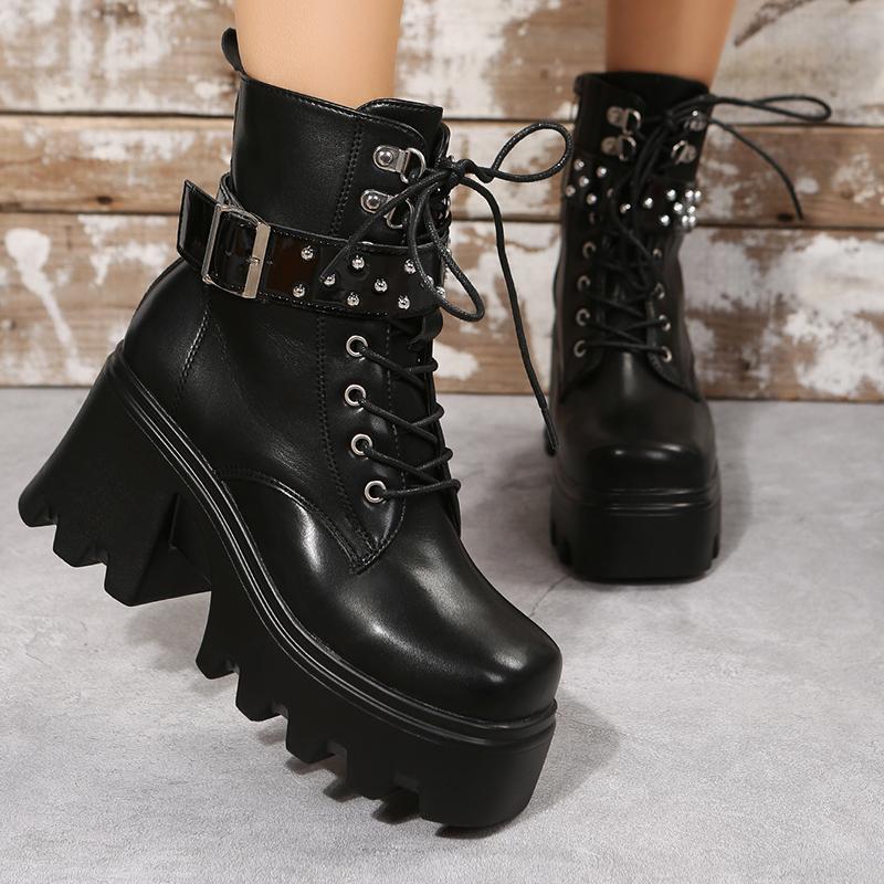 Punk Platform Boots Women 2025 New Motorcycle Boots Women Buckle Straps Women Ankle Boots Chunky Heel Lace Up Shoes