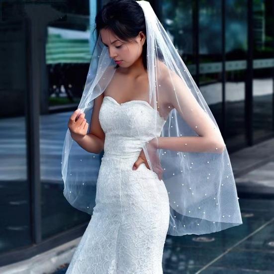 Bridal Veil with Faux Pearls Embellishment Women Lightweight Breathable Tulle Bride Veil Lightweight Short Bridal Veil