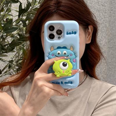 3D Cartoon Monster Mike Sulley Handyhülle Für iPhone 15 14 Plus 16 13 12 11 Pro Max Niedlicher Pop-Halter Weiche Silikonhülle