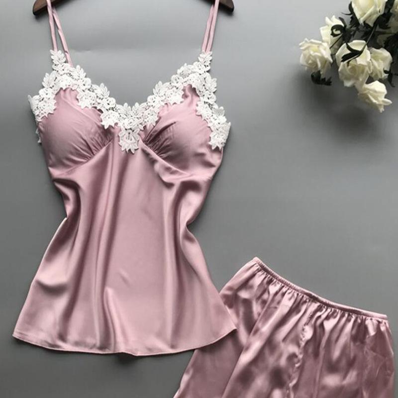 Damen Spitzen-Pyjama-Set Seide Rüschen Sexy 2-teiliger Schlafanzug mit Pyjamashorts Satin Sommer Kurze Schlafsets für Damen