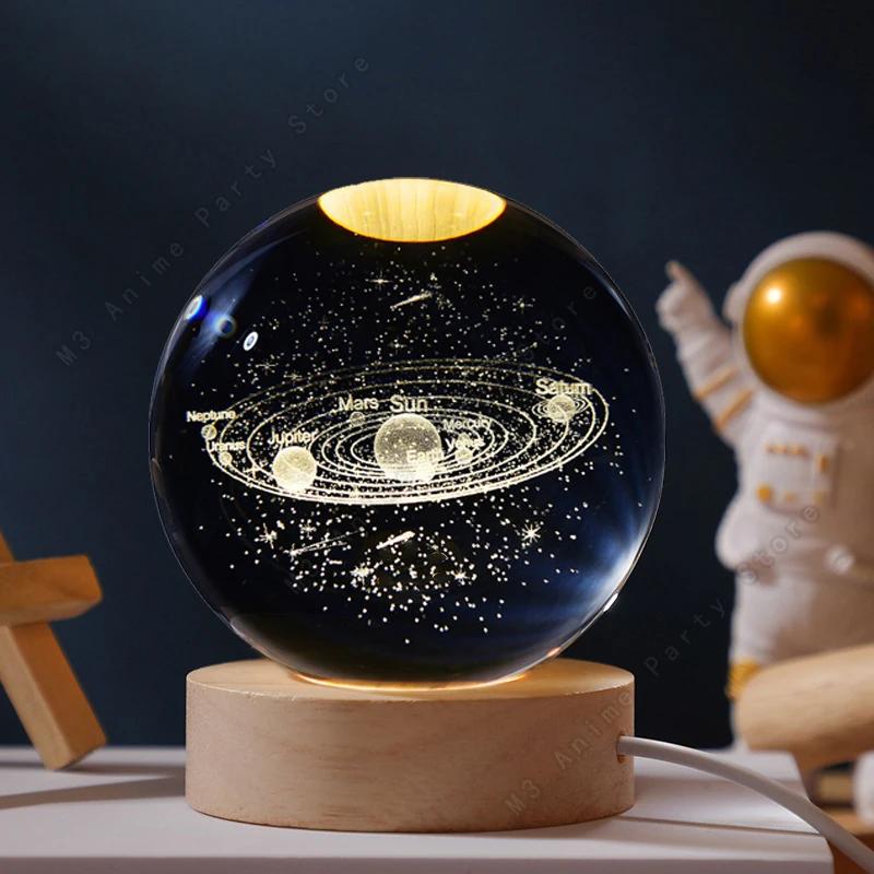 Lumină de noapte unică cu bilă de cristal 3D Lampă LED de noptieră Lampă galaxie strălucitoare Planetele Saturn Luna Cadou de ziua de naștere pentru copii Jucărie 6cm