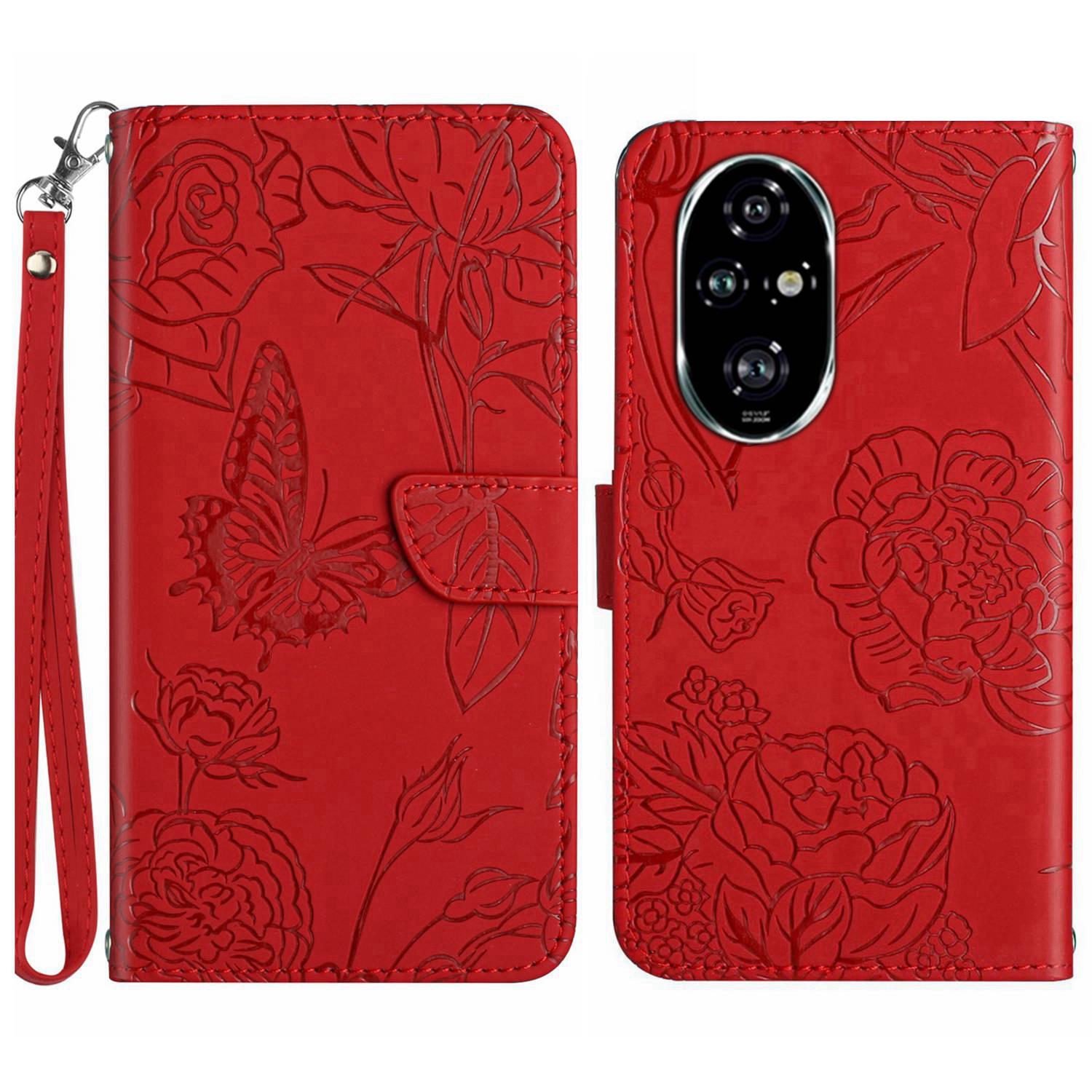 

HT03 For Honor 200 5G Case PU Leather Phone Cover with Hand Strap Butterfly Flower Pattern Red