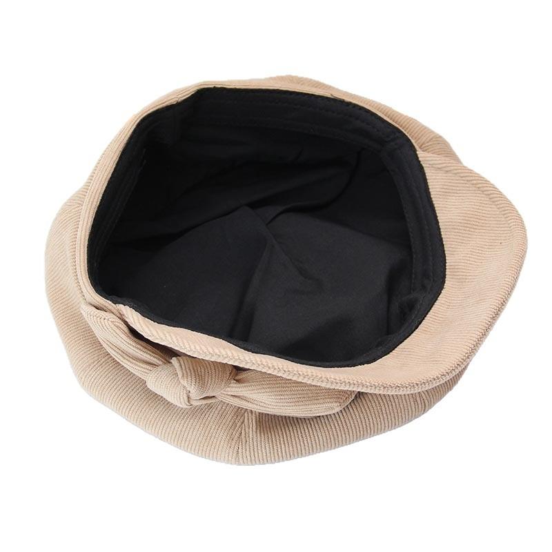 Bow corduroy octagonal hat women's autumn and winter retro newsboy hat wide brim showing face small versatile painter hat