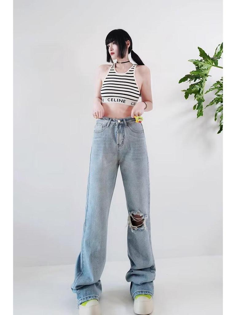 Women's High Waist Ripped Straight-Leg Jeans - Light Blue, Spring/Autumn 2024, Floor-Length, Slimming Fit