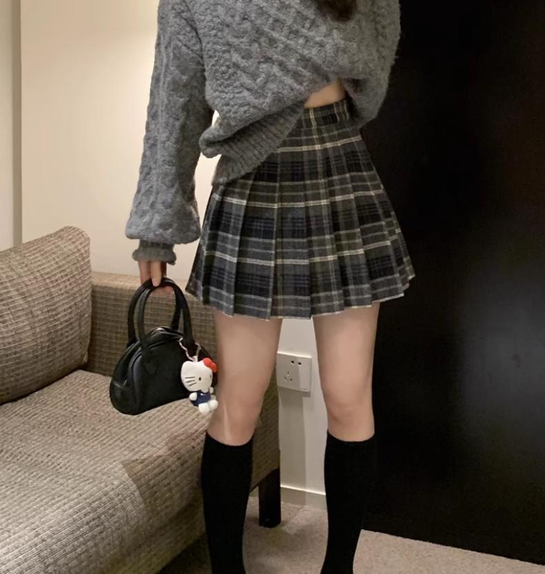 Retro Wool Blend Plaid Midi Skirt: Autumn/Winter, Plus Size, Pleated A-Line, Tummy Control, Anti-Exposure Mini Skirt