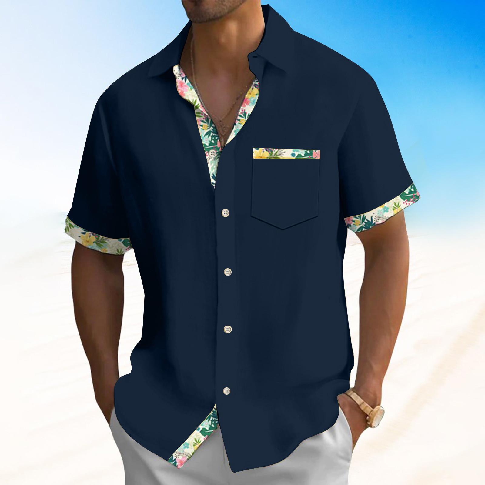 Men Short Sleeve Button Down Shirt with Floral Trim Casual Lapel Collar Pocket Design for Summer Daily Wear L