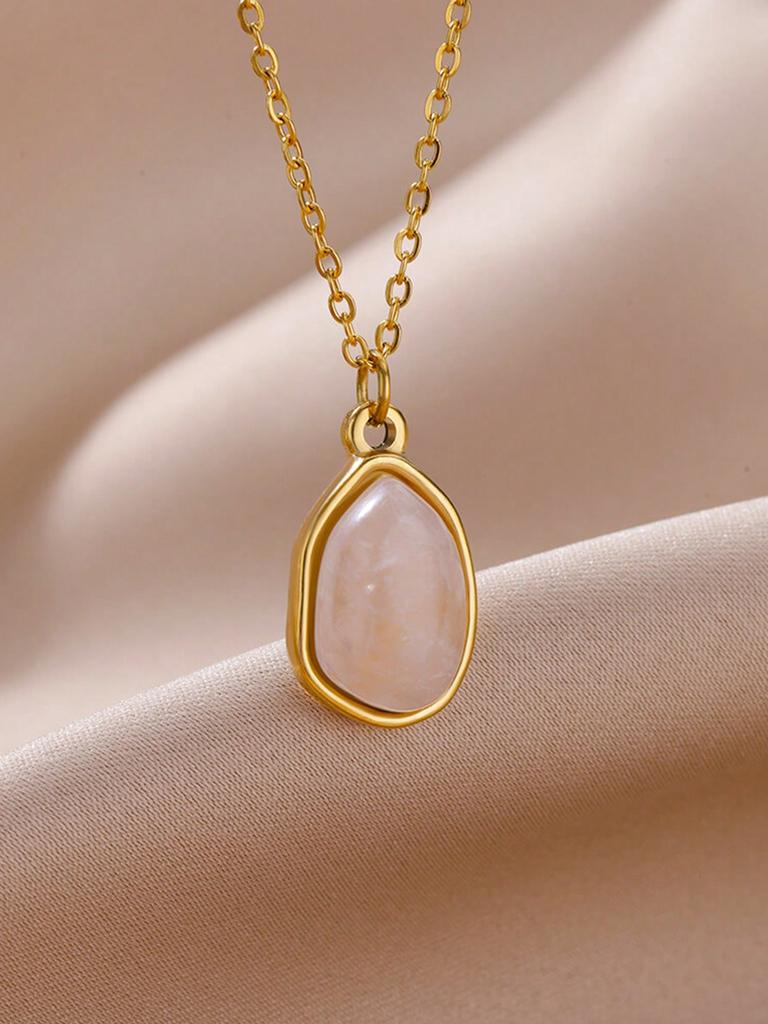 1pc Women's Stainless Steel Asymmetrical Purple Natural Stone Pendant Necklace, Fashion Accessory For Daily Wear