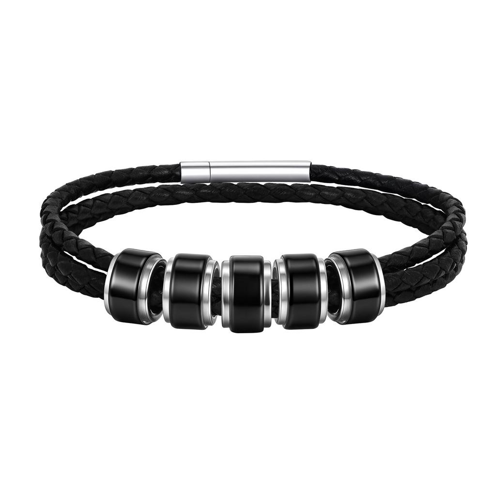 Customized Baeded Bracelets for Men Boys,3-Layers Leather Bracelet with Stainless Steel Tube,Jeweley Gift for Dad Husband