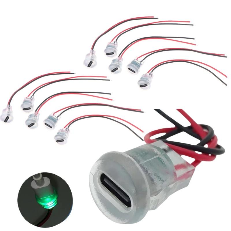 5/10Pcs Waterproof USB-C Power Port Female Connectors Transparent 2Pin USB Type-C With LED Lights Input Type Charging Socket