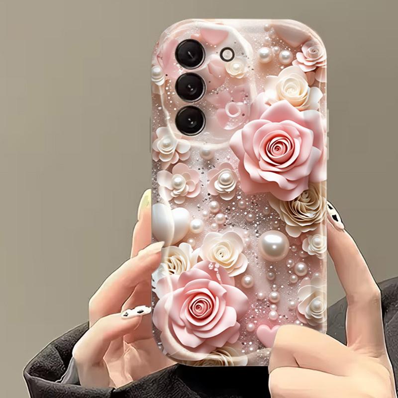 Phone Case For Samsung Galaxy S26 Ultra S25 S24 S22 S23 Plus FE A56 A55 A37 A36 A27 A26 A16 Pink Rose Flowers Cream Soft Cover