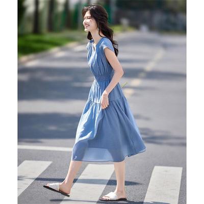 Elegant French Style Tencel V-Neck A-Line Midi Dress