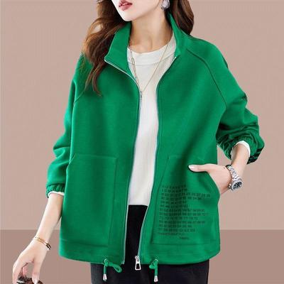 Trendy kurze Stehkragen-Baseballjacke für Damen mit modischem Print und Tasche in Grün