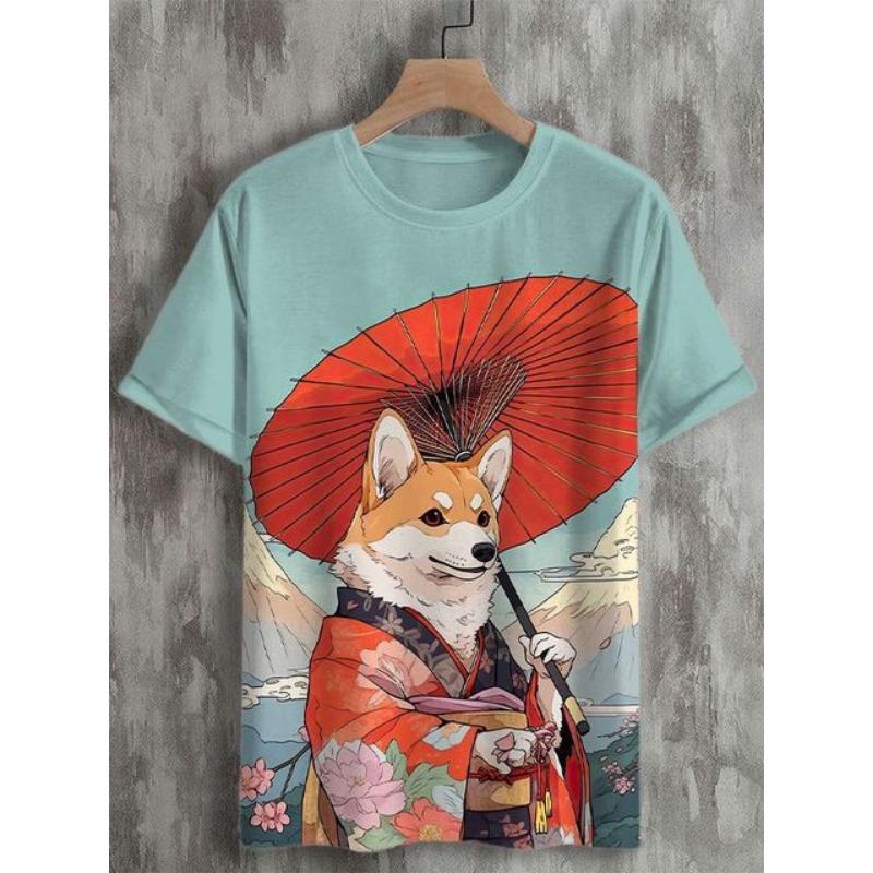 Herren T-Shirt im japanischen Stil mit Samurai-Katze-Grafik und 3D-Druck, lässiges kurzärmliges T-Shirt für den Außenbereich, übergroße Herrenbekleidung