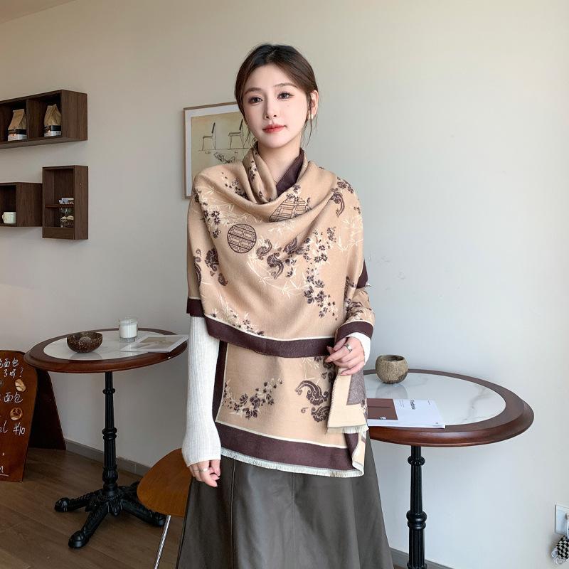 Winter Double-sided Imitation Cashmere Air Conditioning Shawl Dual-purpose Warm Scarf New Chinese Style Printed Scarf for Women Autumn