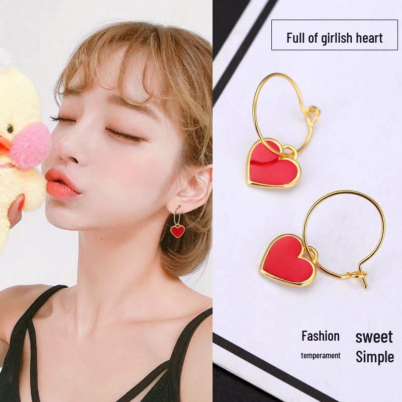 Korean-Style Retro Heart Earrings - Simple Red Ear Studs  Sweet Hoop Pendants for Women