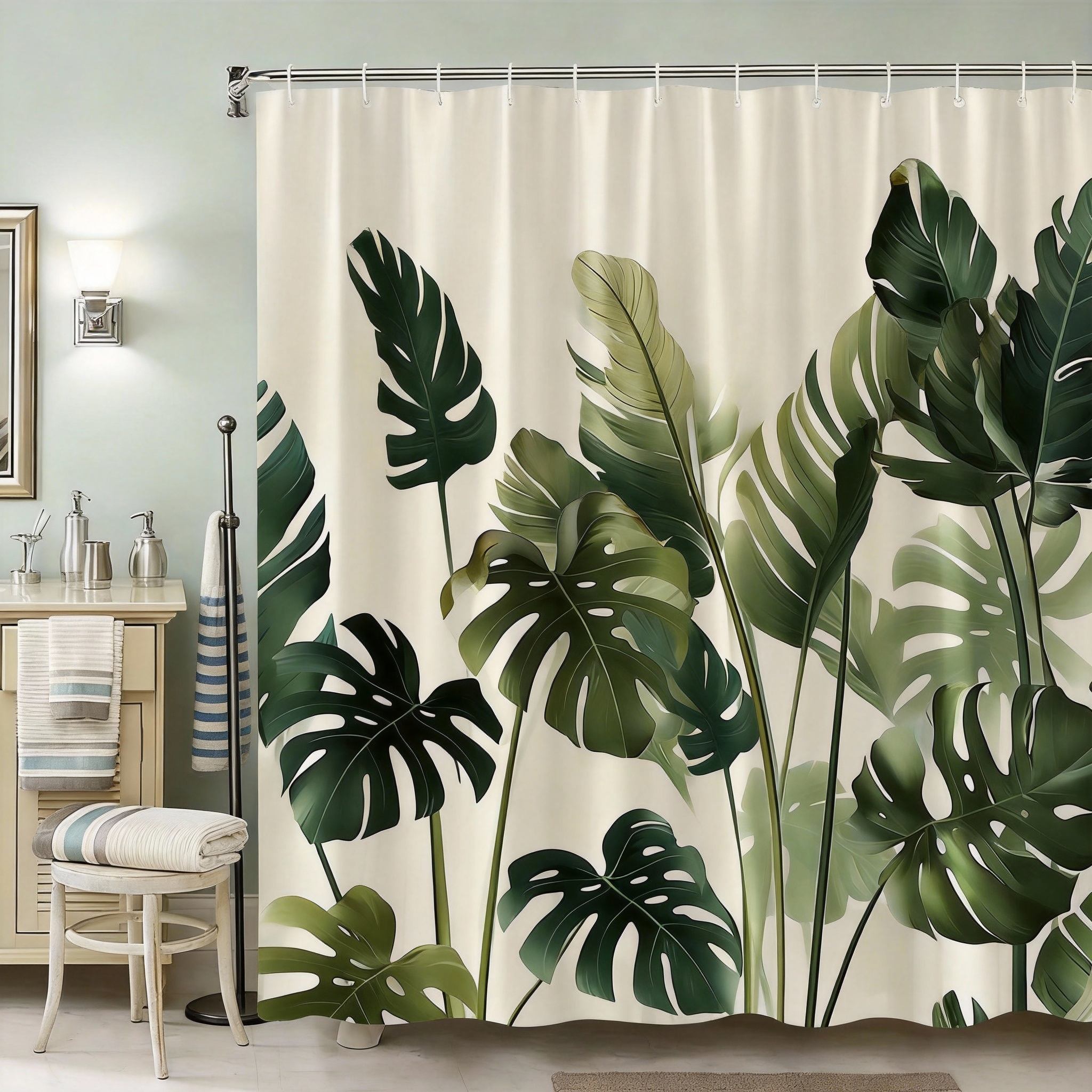 

Botanical Leaves Shower Curtain 180X180Cm – Monstera & Calathea With Intricate Texture, Modern Green Bathroom Decor, 12 Hooks W60H190(CM)-1 Pcs