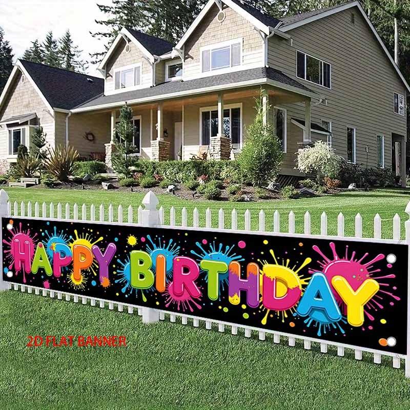 Happy Birthday Fence Banner Ink Splatter Decorate Lively Outdoor Yard Decor