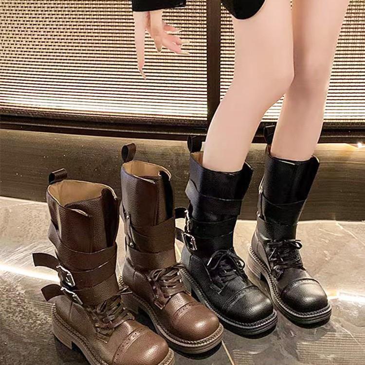 Thick heel belt buckle literary retro Martin boots soft and comfortable western cowboy boots medium tube desert pile leather women's boots