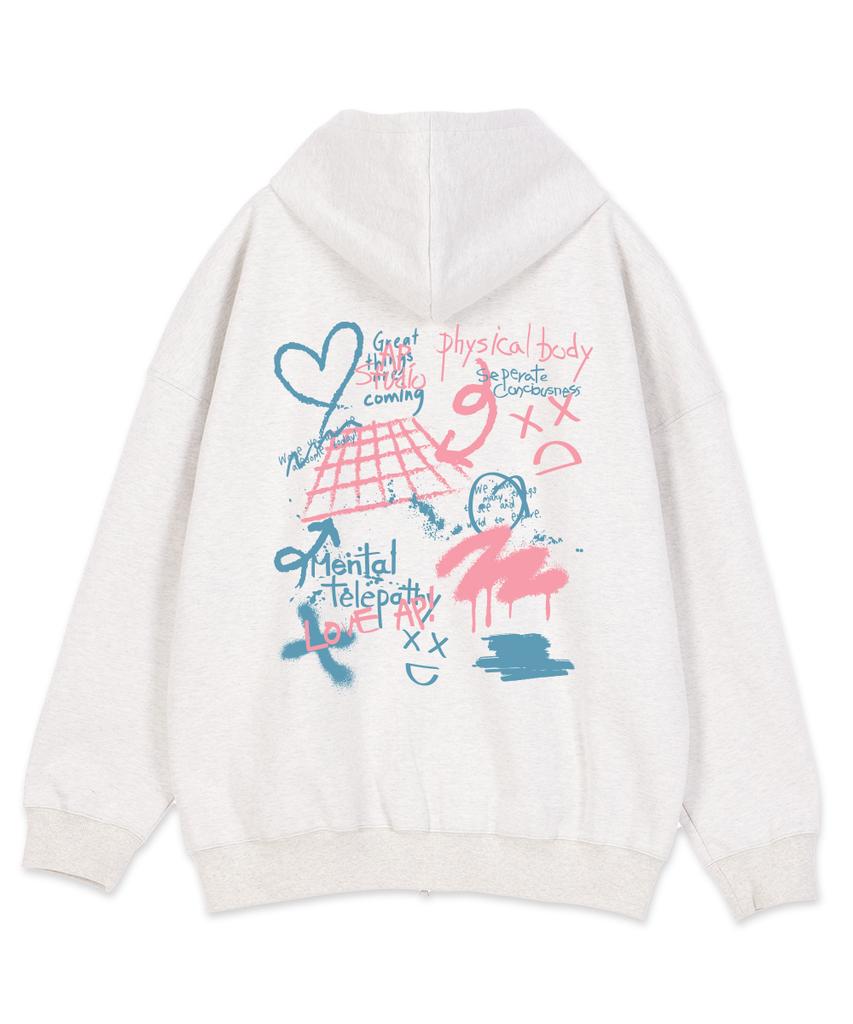 Astral Projection Graffiti Oversized Wide Shoulder Zip-Up Hoodie_Oatmeal