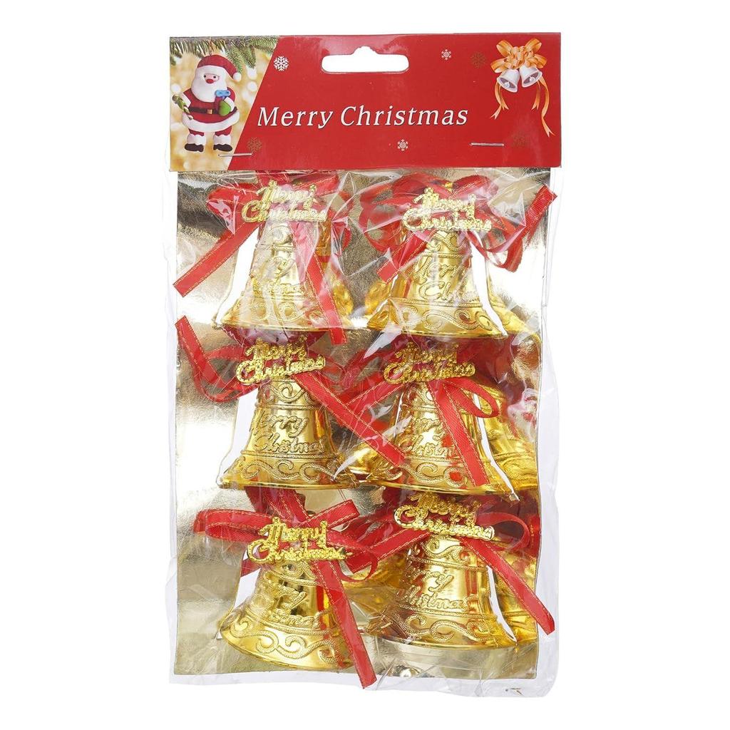 Merry Christmas Bells (Set of 6) Golden Jingle Bells with Red Ribbon | Christmas Tree Decoration Items