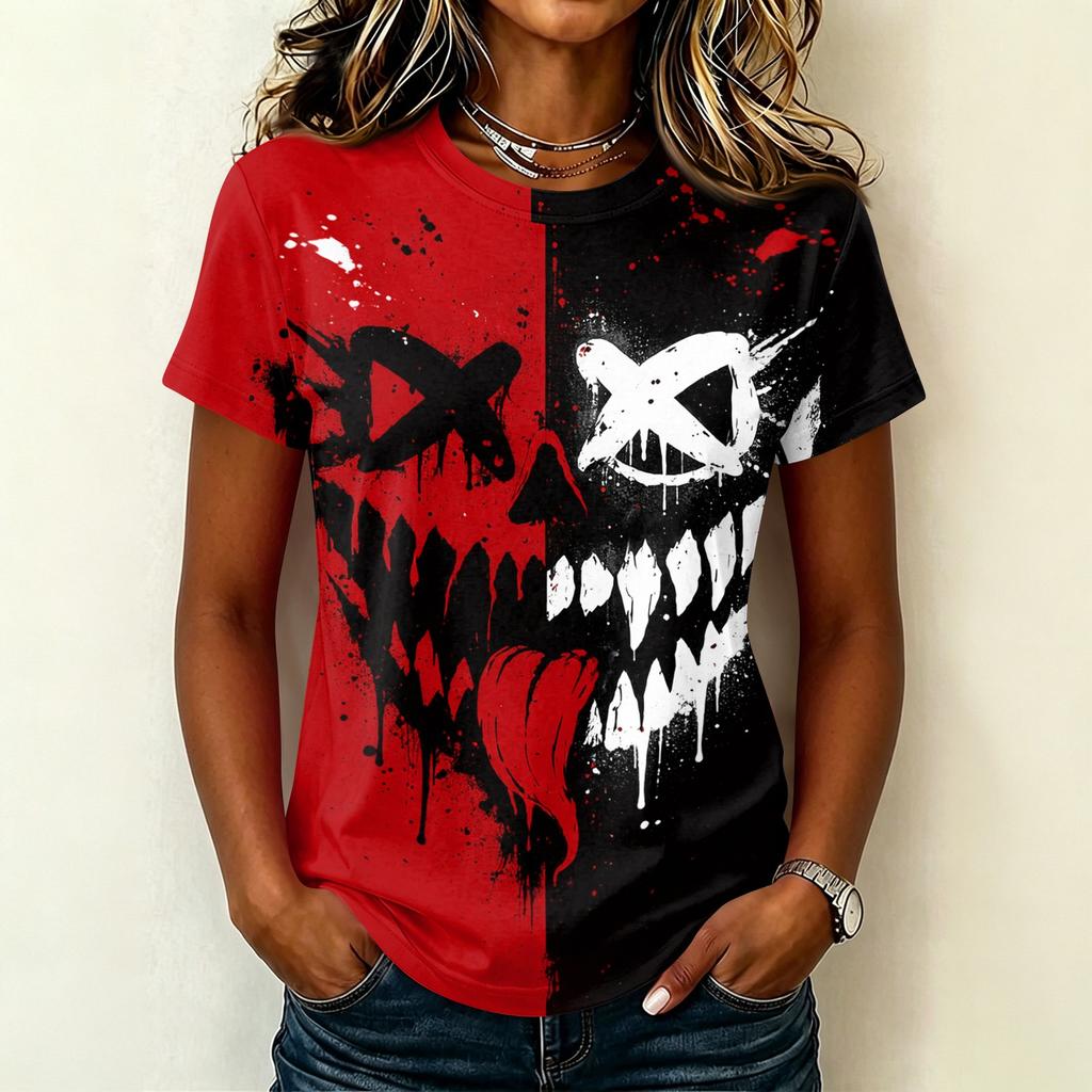 Women's Short Sleeve Round Neck T-Shirt with Halloween Print Pullover Casual Top for Party