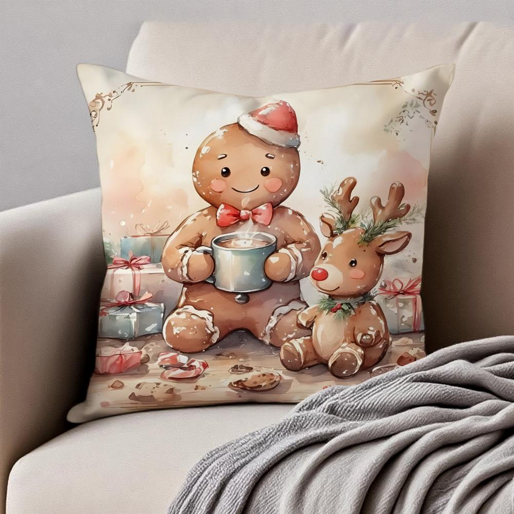Christmas Gingerbread Man Fun Holiday Cushion Cover Pillowcase Antidustmite Invisible Zipper Short Plush Sofa Cushion