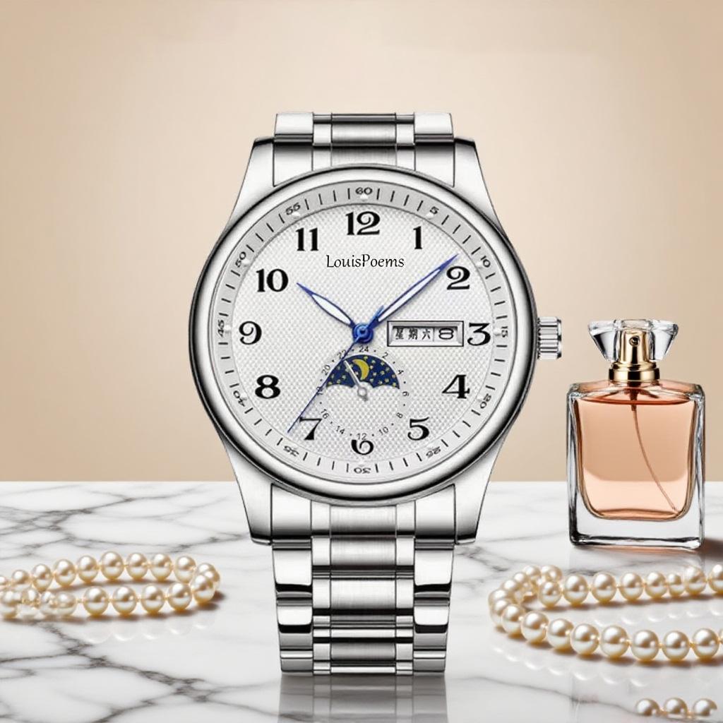 Men's Luminous Moon Phase Steel Watch - High-End Automatic Business Wristwatch