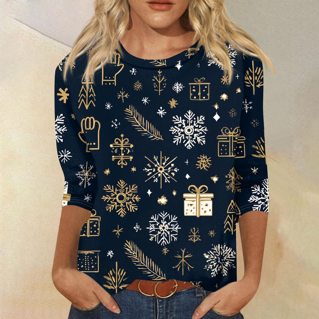 Women's Fashion Casual Round Neck Three-quarter Sleeve Christmas Print T-shirt Top