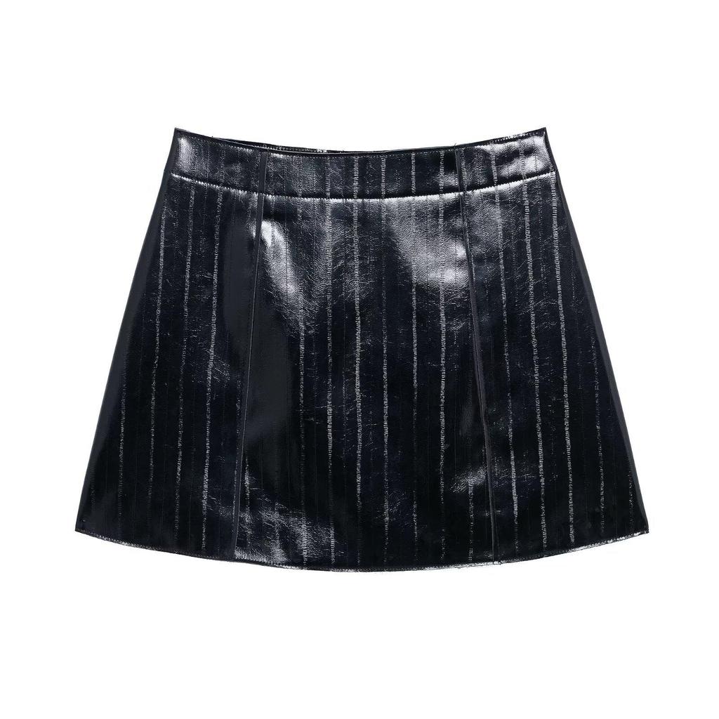 2025 Spring Women's Slim Fit A-Line High Waist Shiny Faux Leather Single-Breasted Decorative Short Skirt