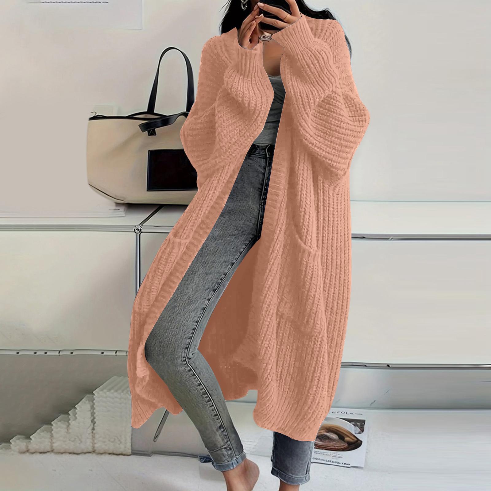 

Women s Solid Color Long Sleeved Knee Length Knitted Cardigan, Lazy Trend, Medium Long Hair Jacket L розовый