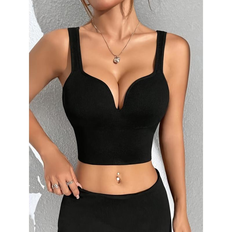 Укороченный топ-бра в рубчик с глубоким V-образным вырезом, беспроводной, с мягкими чашечками, для комфортного повседневного ношения. M чёрный