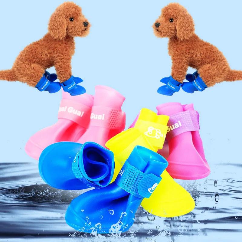 4Pcs Four Legs Waterproof Silicone Anti Slip Pet Shoes Wear-resistant Rain Shoes Soft Sole Jelly Color