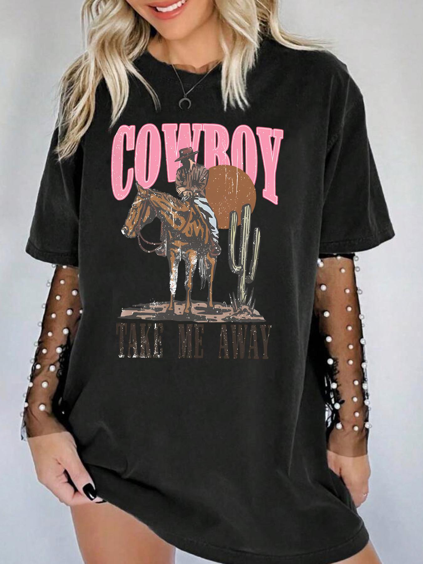 

COWBOY letter riding denim art pattern women s short sleeved T-shirt top trendy women clothing daily casual style 4XL