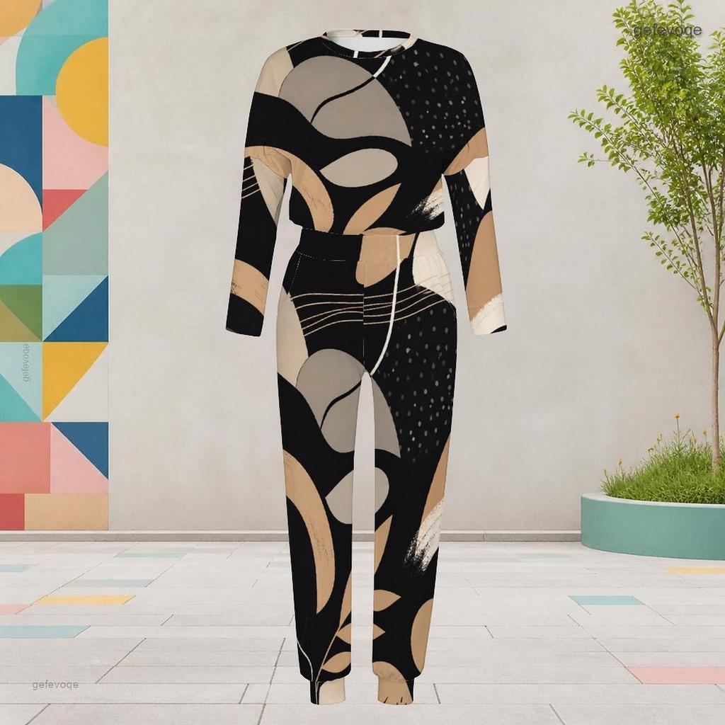 Women Plus Size Printed Round Neck Long Sleeve Two Piece Set Cuffed Top And Pants With Pockets