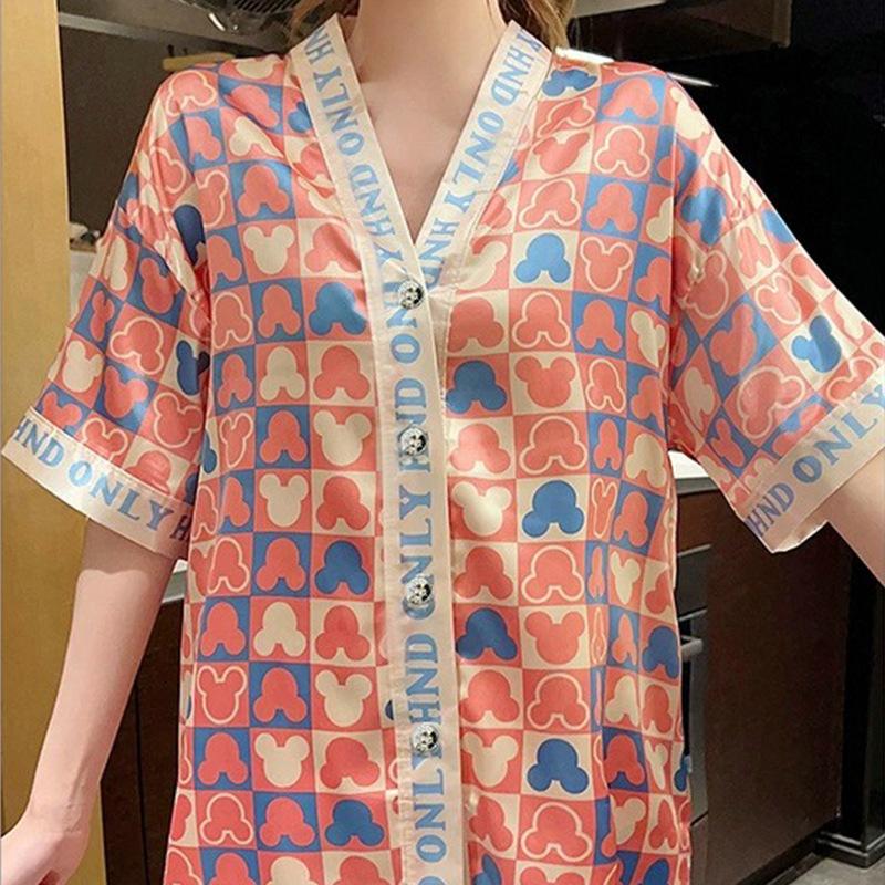Style High-Value Ice Silk Cardigan V-Neck Pajamas Women'S Summer Short-Sleeved Thin Cool Loungewear Set