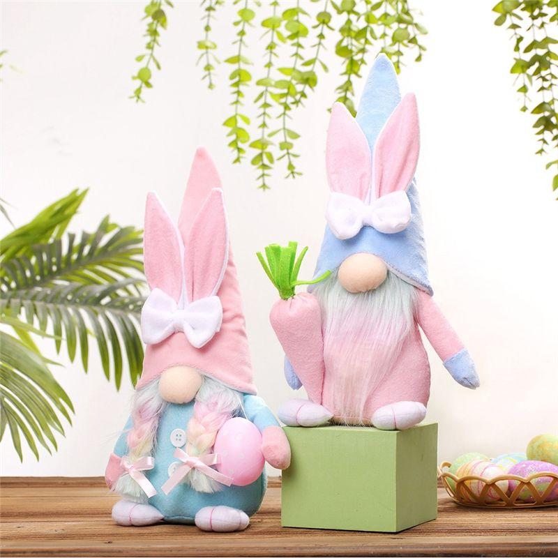 M-Modern-Easter Gnome Bunny Set - 2Pcs Handmade Swedish Tomte Plush Rabbits Set With Easter Egg And Carrot, Suitable As Easter D
