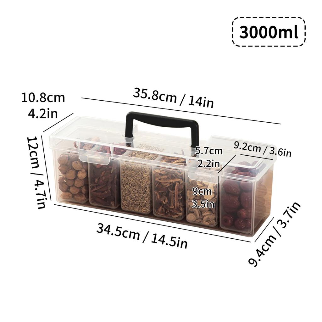 6 Grids Sealed Plastic Storage Box With Handle Portable Large Capacity Spice Storage Container Clear Kitchen Organizer