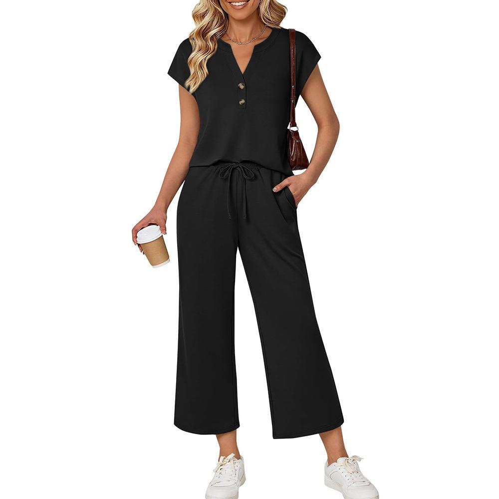 Summer New Style Women's Round-neck Short-sleeved Mid-length Pants for Casual and Fashionable Wear As A Two-piece Set