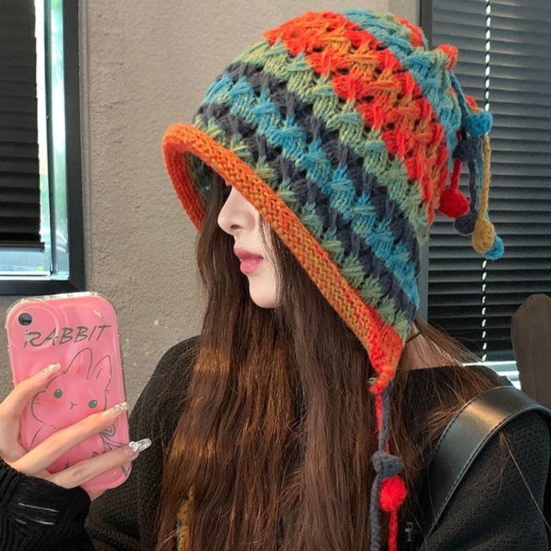 Color Hairball Knitted Hat Handmade Wool Crocheted Women's Autumn and Winter Thickened Thermal Ear Protector Pullover Hat
