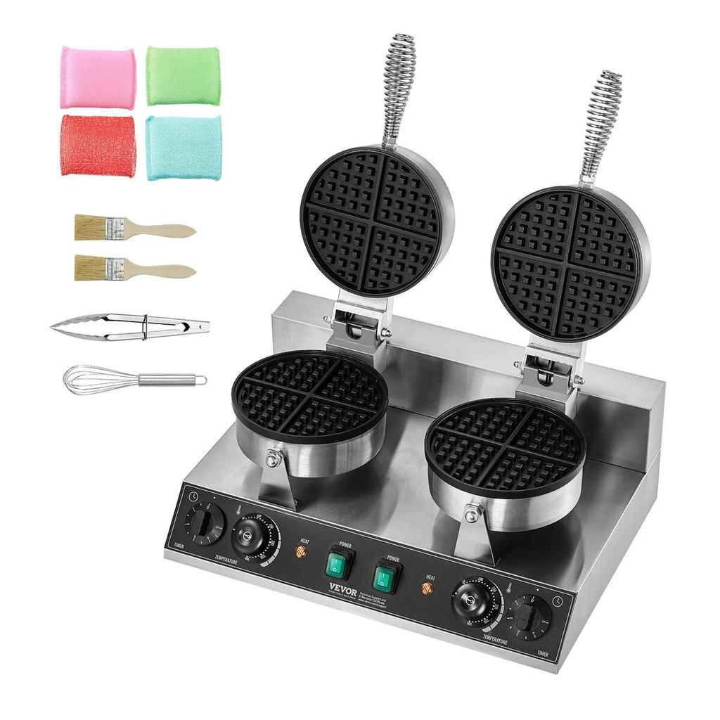 Commercial Waffle Maker Dual-Head Round Waffle Iron 2460W Non-Stick