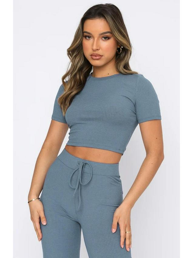 European and American Women's Fashion: Solid Color High-Elastic Shaping Rib-Knit Short-Sleeve Top & Wide-Leg Pants Two-Piece Set.